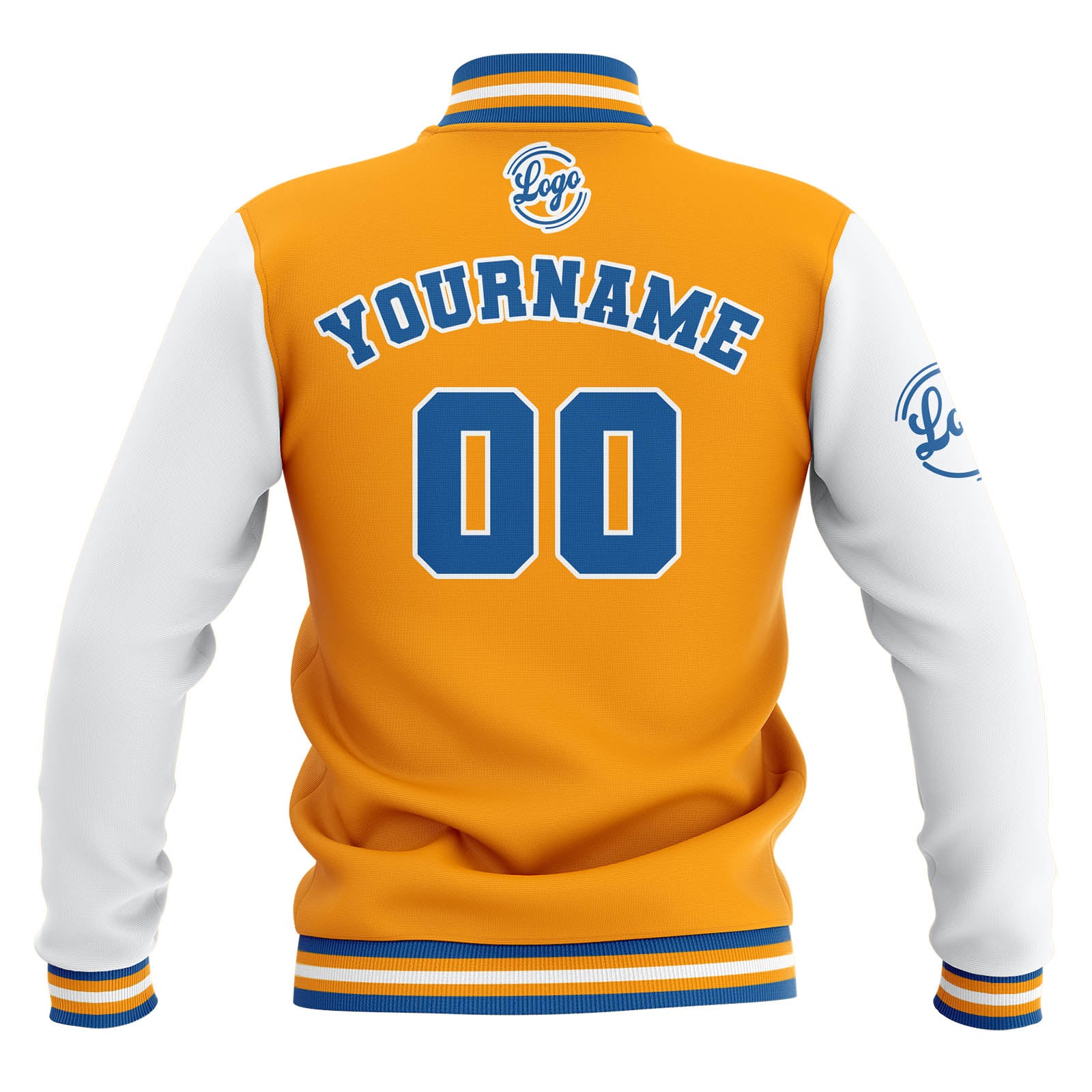 Custom Yellow White Blue Waterproof Varsity Jackets Personalized Stitched Name Number Logo to Letterman Jackets