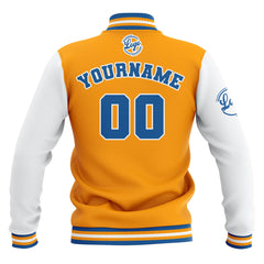 Custom Yellow White Blue Waterproof Varsity Jackets Personalized Stitched Name Number Logo to Letterman Jackets