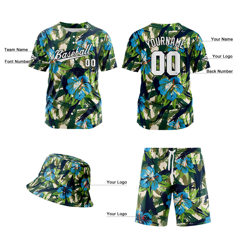 Custom Hawaiian Baseball Jersey and Shorts Set 2 Pieces Print Beach Suit with adults and kid for Bucket Hats