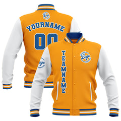 Custom Yellow White Blue Waterproof Varsity Jackets Personalized Stitched Name Number Logo to Letterman Jackets