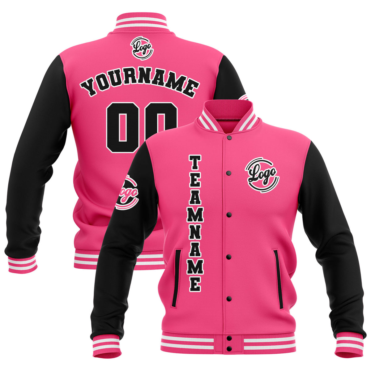 Custom Black Pink White  Waterproof Varsity Jackets Personalized Stitched Name Number Logo to Letterman Jackets