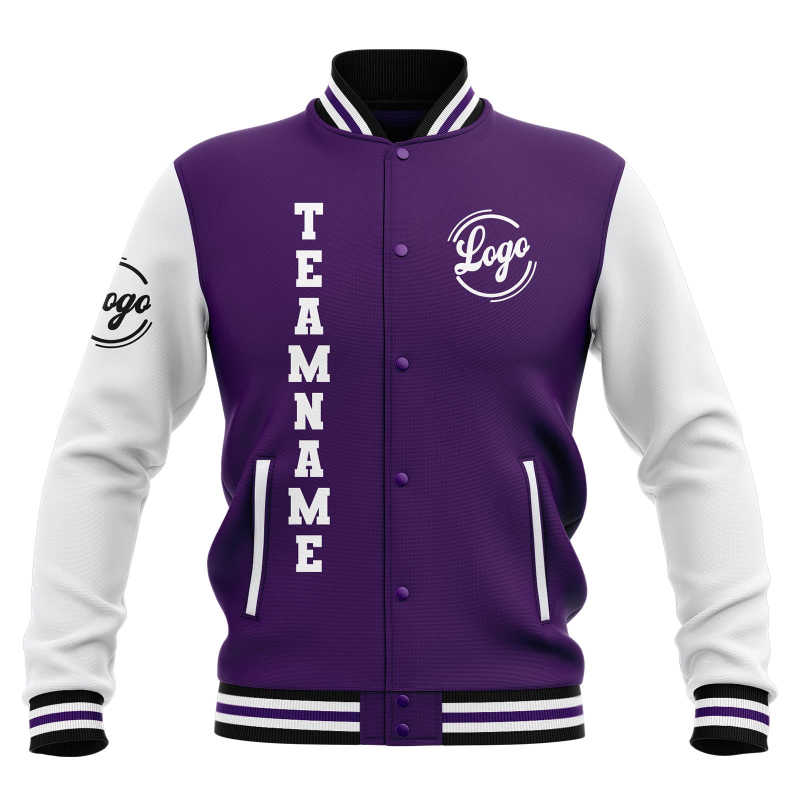 Custom Purple White Black Waterproof Varsity Jackets Personalized Stitched Name Number Logo to Letterman Jackets