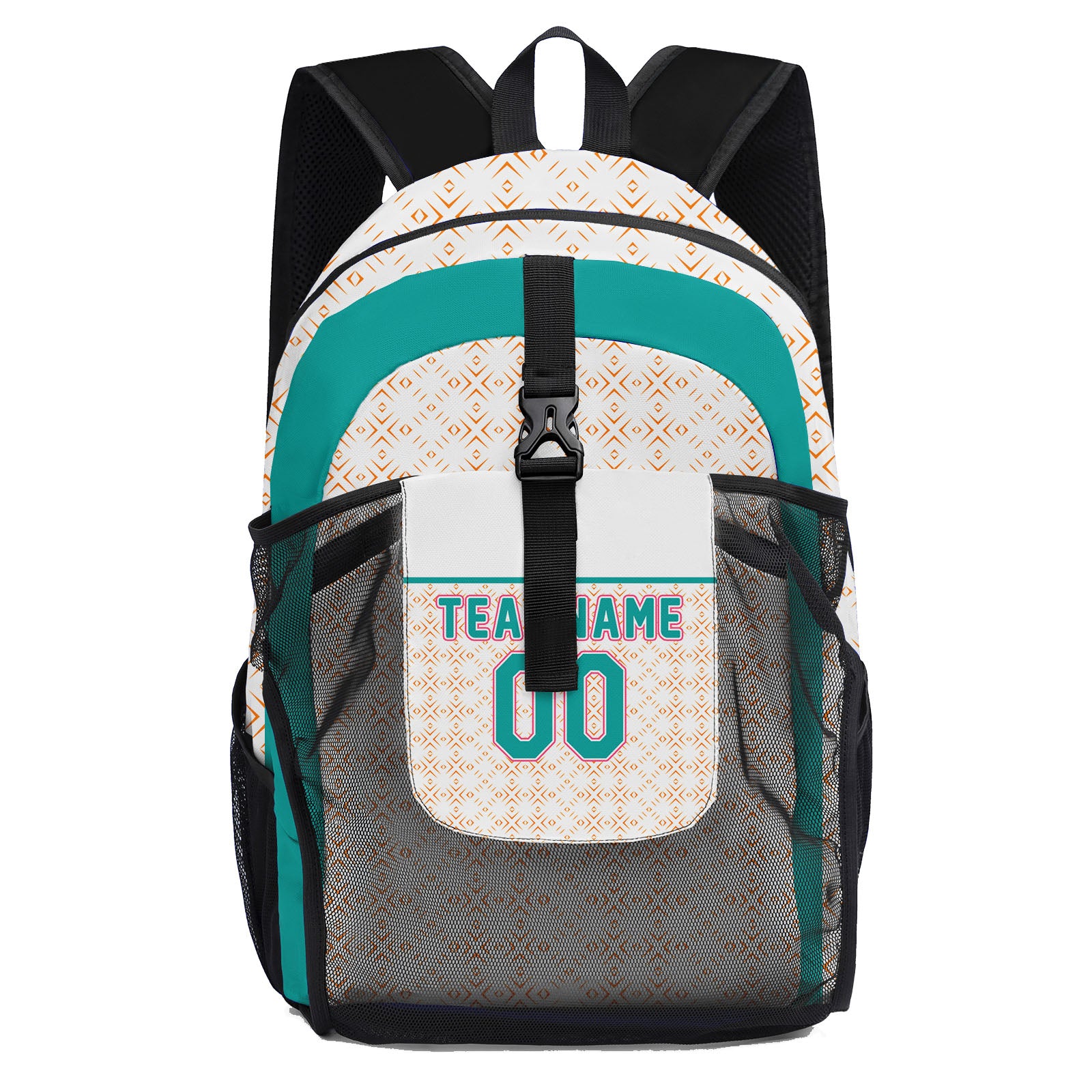 Customize White Orange Teal Backpacks Featuring Personalized Names, Numbers and Logos