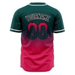 Custom Gradient Print Hip Hop Button Down Baseball Jersey Dark Green&Pink