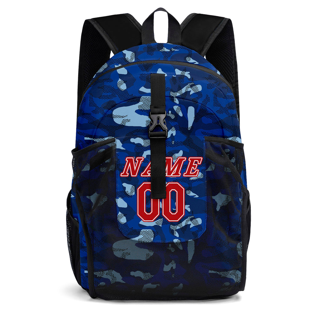 Customize Blue Red Sports Backpacks Featuring Personalized Names, Numbers and Logos