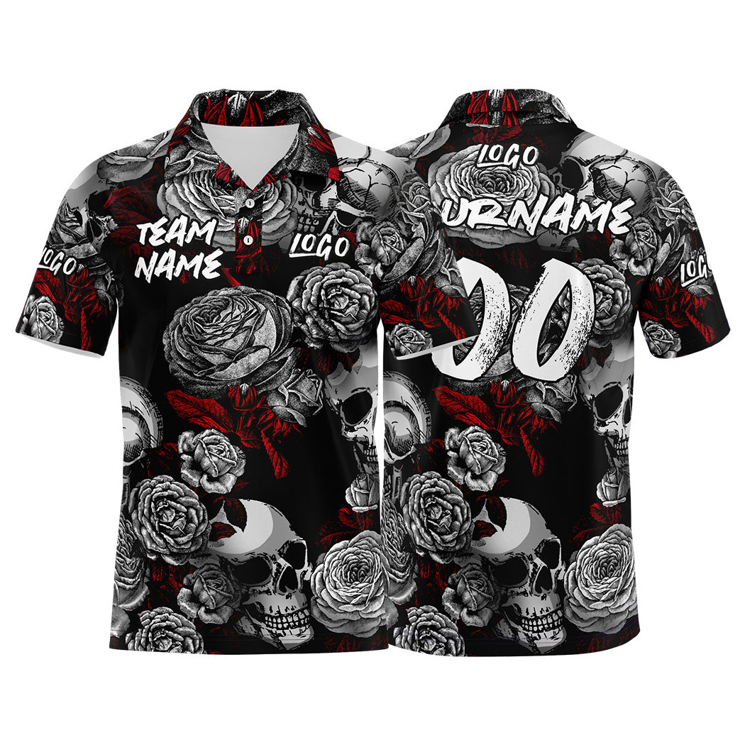 Custom Rose Skull-Grey&Red Football Polo Shirts Add Your Unique Logo/Name/Number