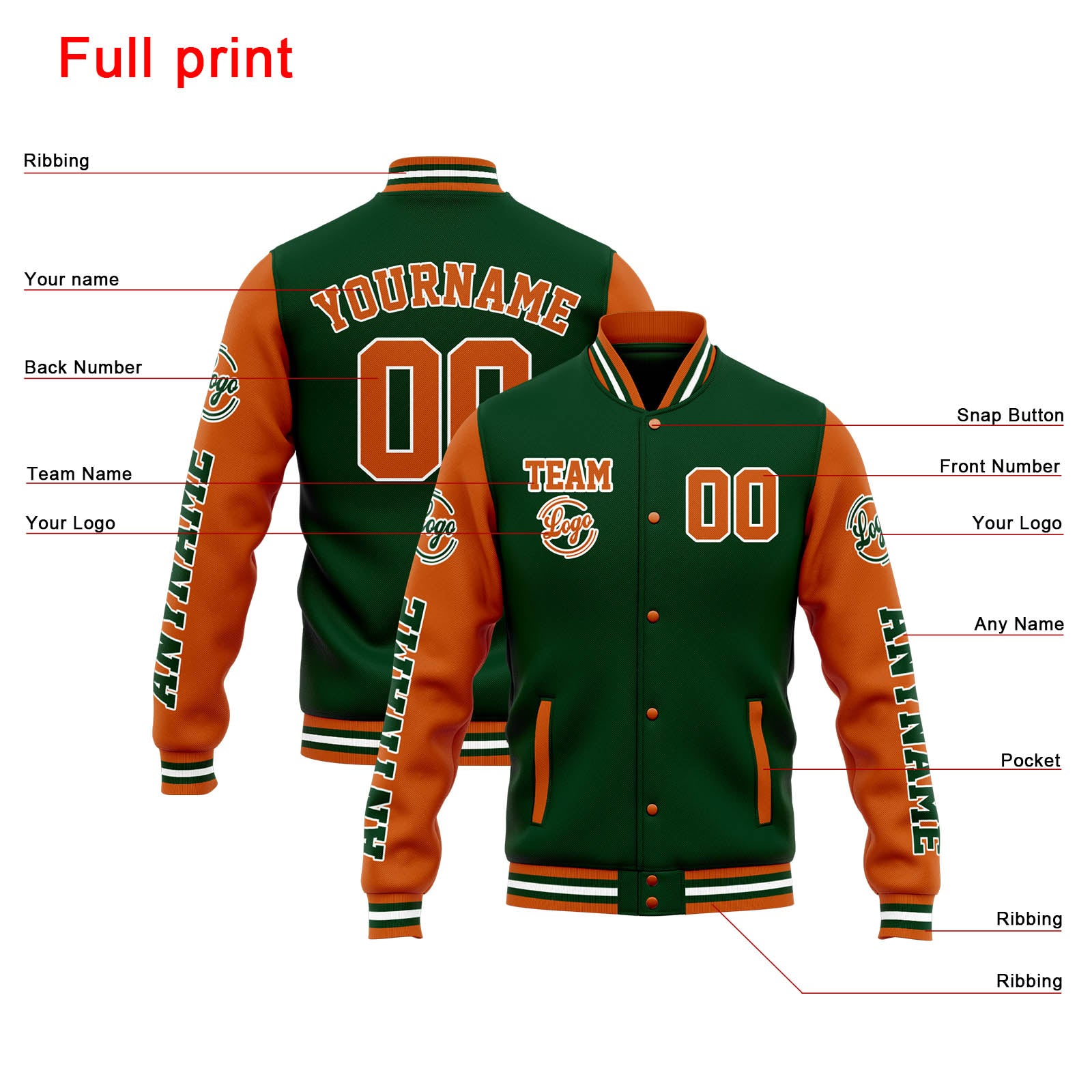 Custom Varsity Jacket Letterman Jacket For Men, Women And Youth Drak Green Orange
