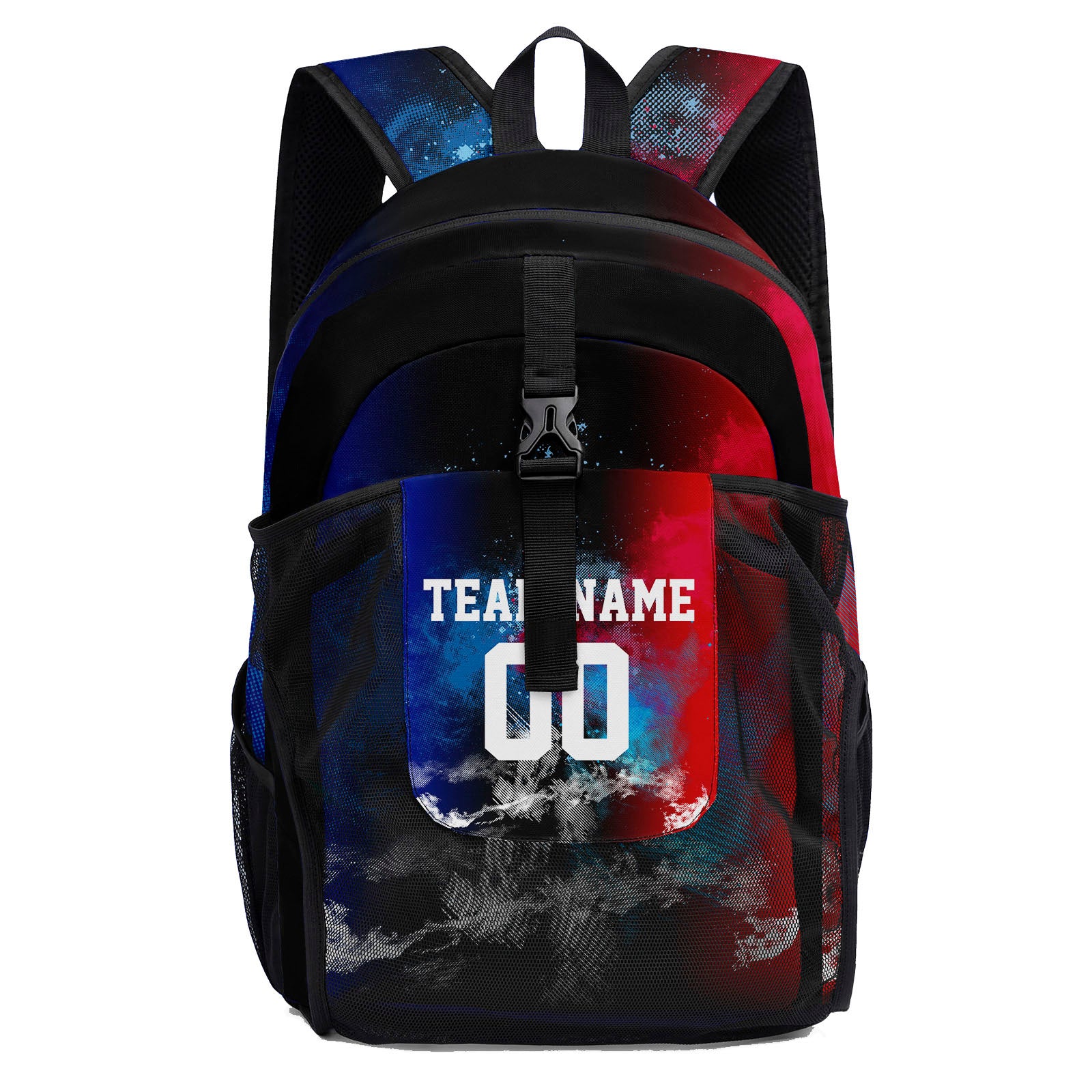 Customize Blue Red Sports Backpacks Featuring Personalized Names, Numbers and Logos