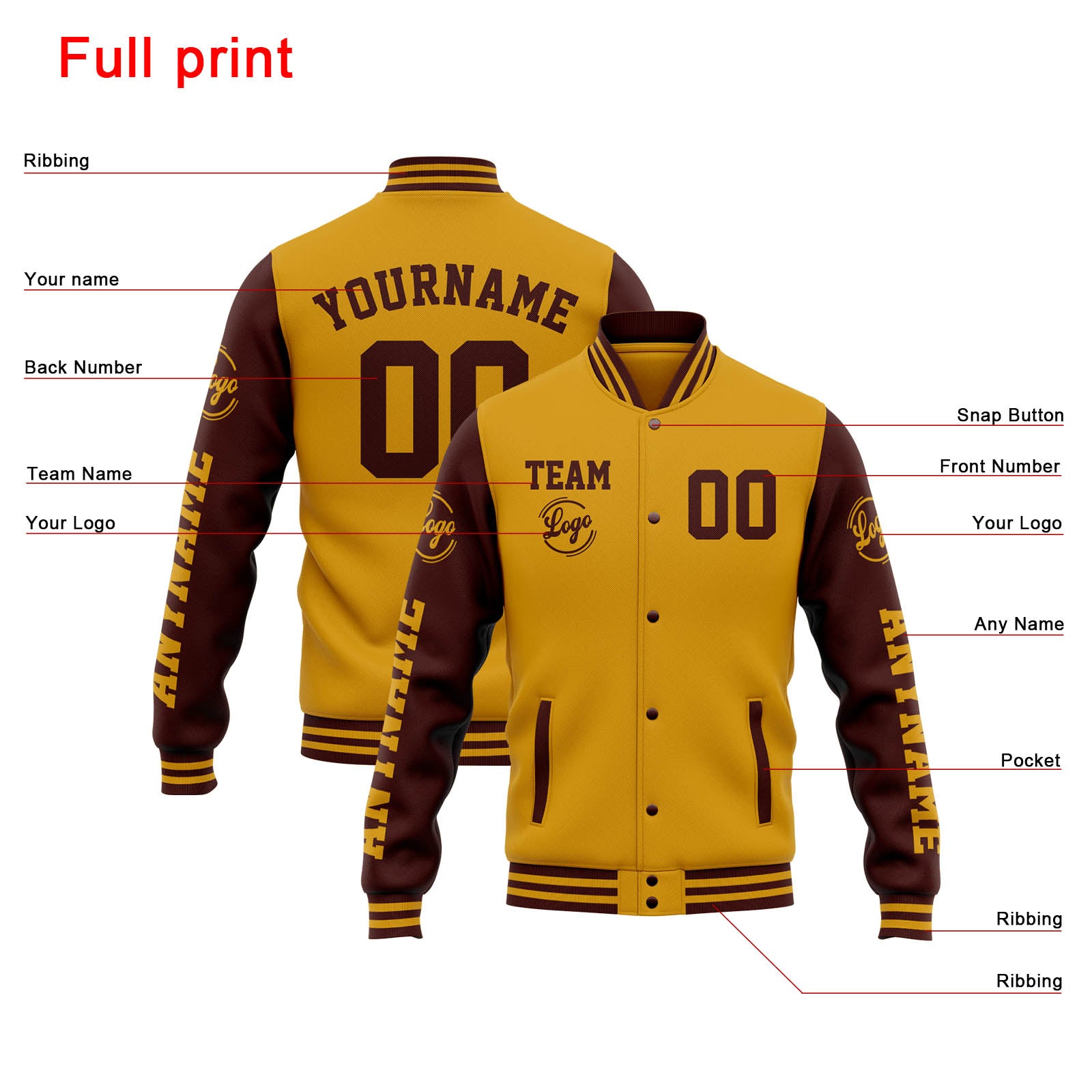 Custom Varsity Jacket Letterman Jacket For Men, Women And Youth Gold Burgundy