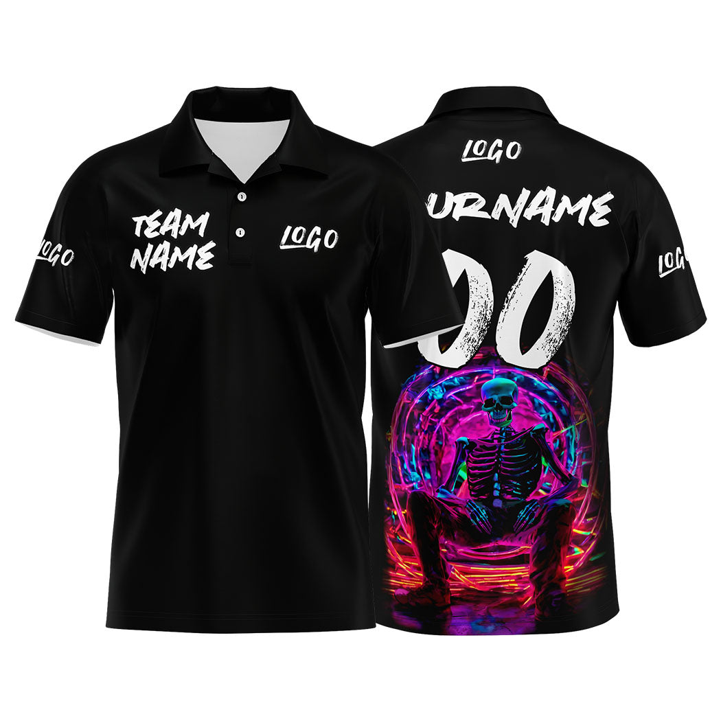 Custom Neon Skeleton-Black&Light Blue Football Polo Shirts Add Your Unique Logo/Name/Number