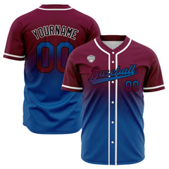 Custom Gradient Print Hip Hop Button Down Baseball Jersey Burgundy&Blue