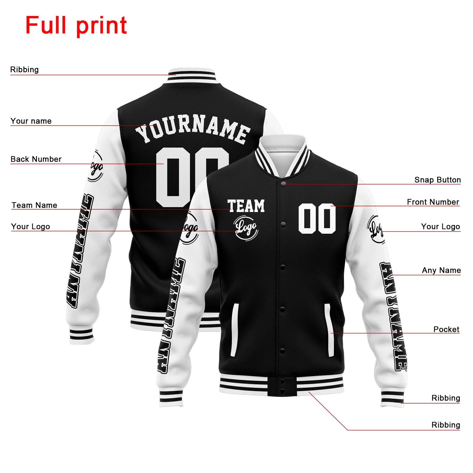 Custom Varsity Jacket Letterman Jacket For Men, Women And Youth Black White