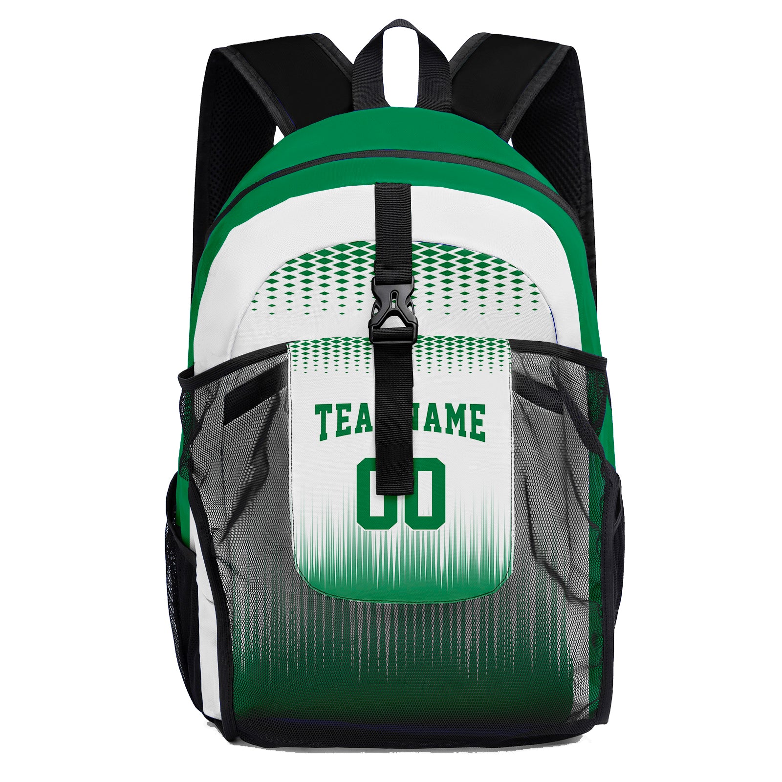 Customize Green White Sports Backpacks Featuring Personalized Names, Numbers and Logos