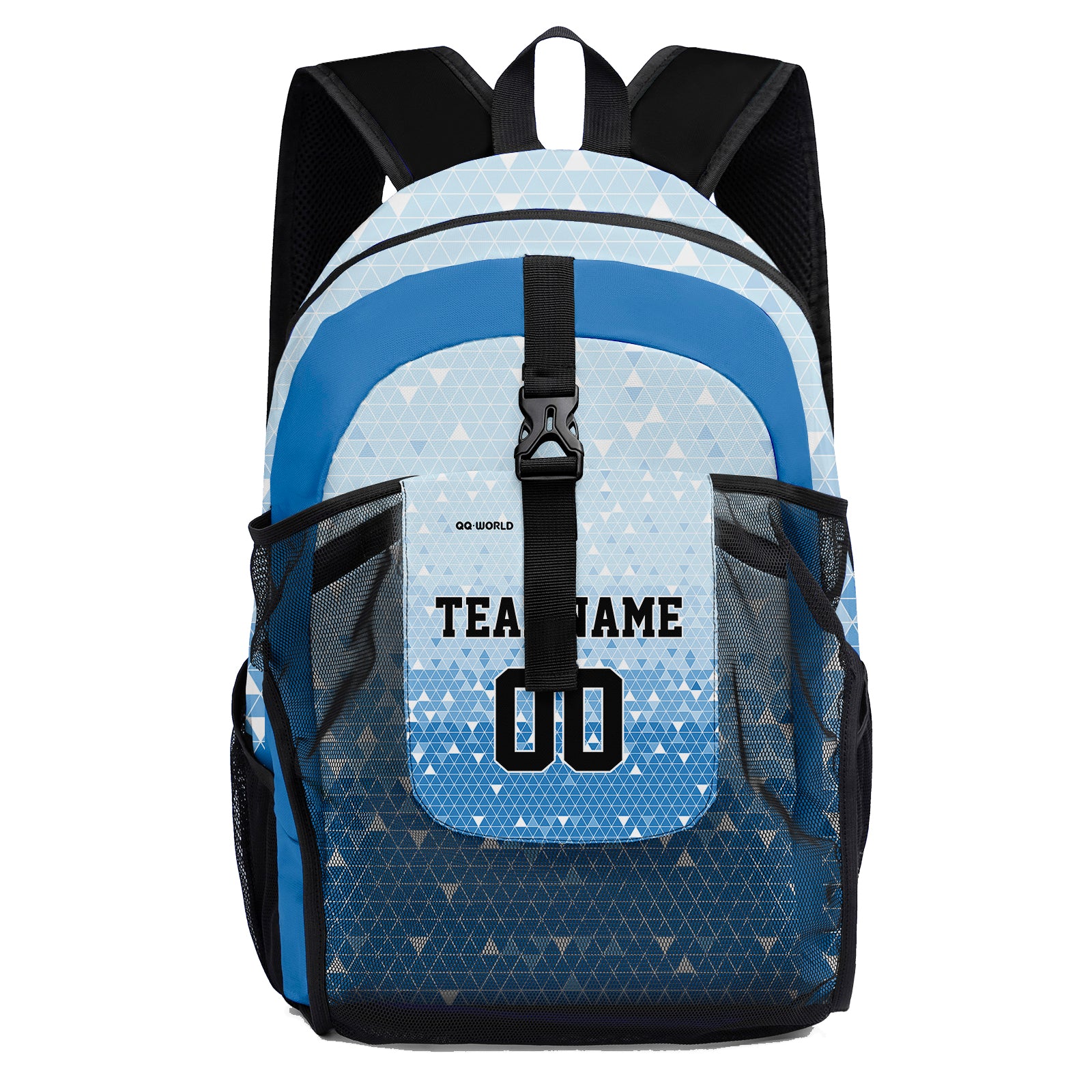 Customize Light Blue Black Sports Backpacks Featuring Personalized Names, Numbers and Logos