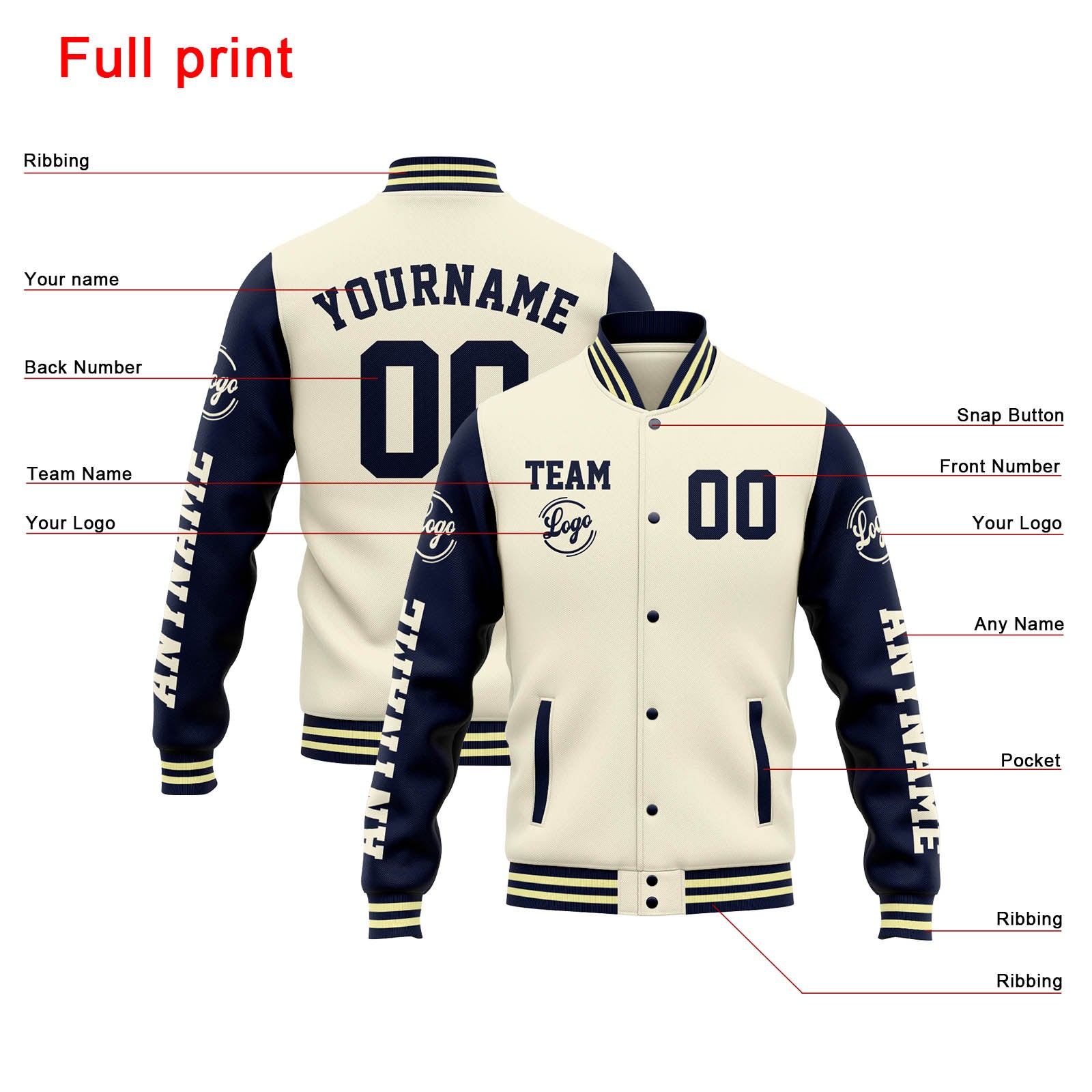 Custom Varsity Jacket Letterman Jacket For Men, Women And Youth Cream Navy