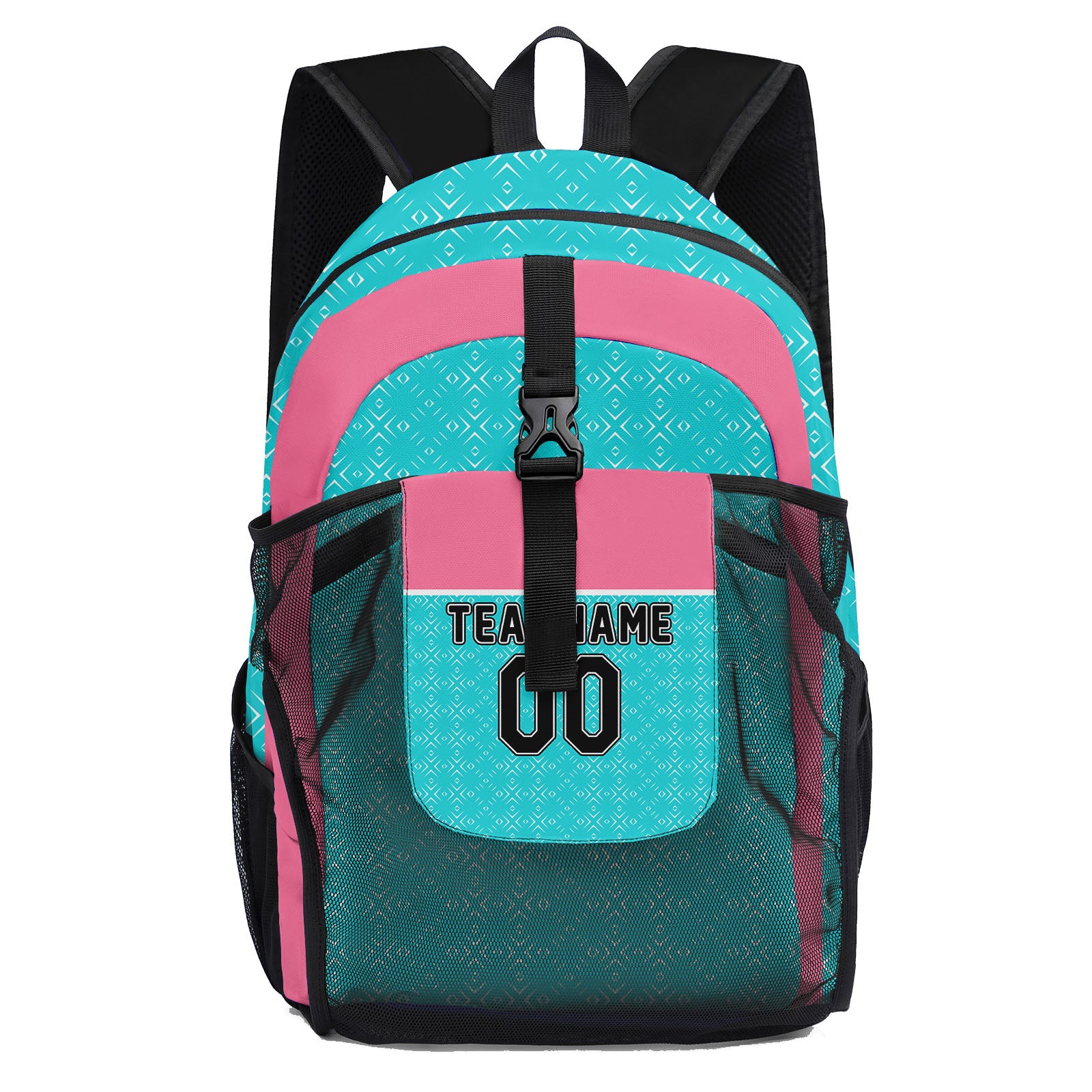 Customize Pink Black Teal Backpacks Featuring Personalized Names, Numbers and Logos