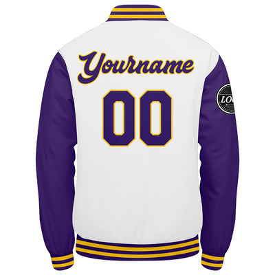 Custom Varsity Jacket Letterman Jacket For Men, Women And Youth Purple White Yellow