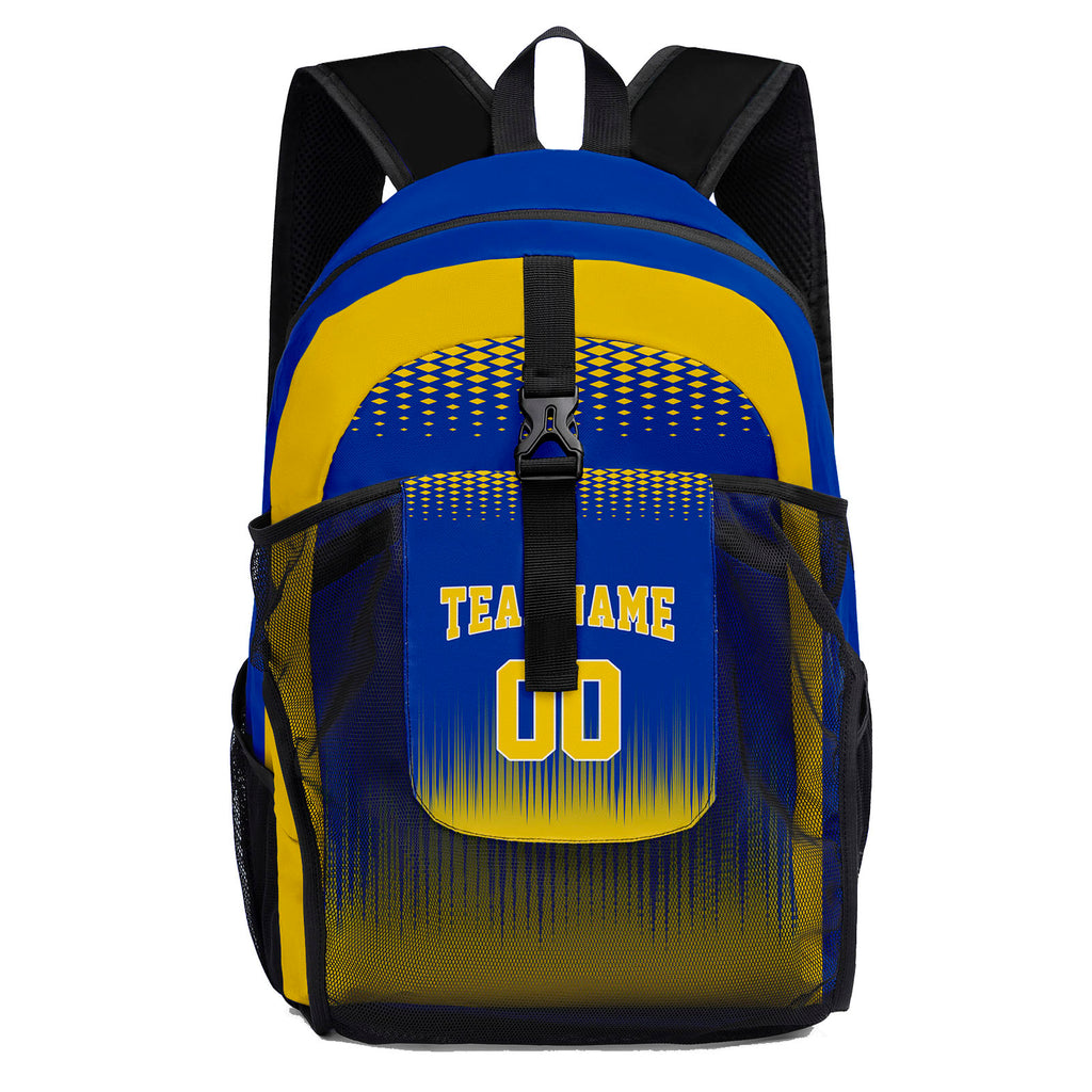 Customize Blue Yellow Sports Backpacks Featuring Personalized Names, Numbers and Logos