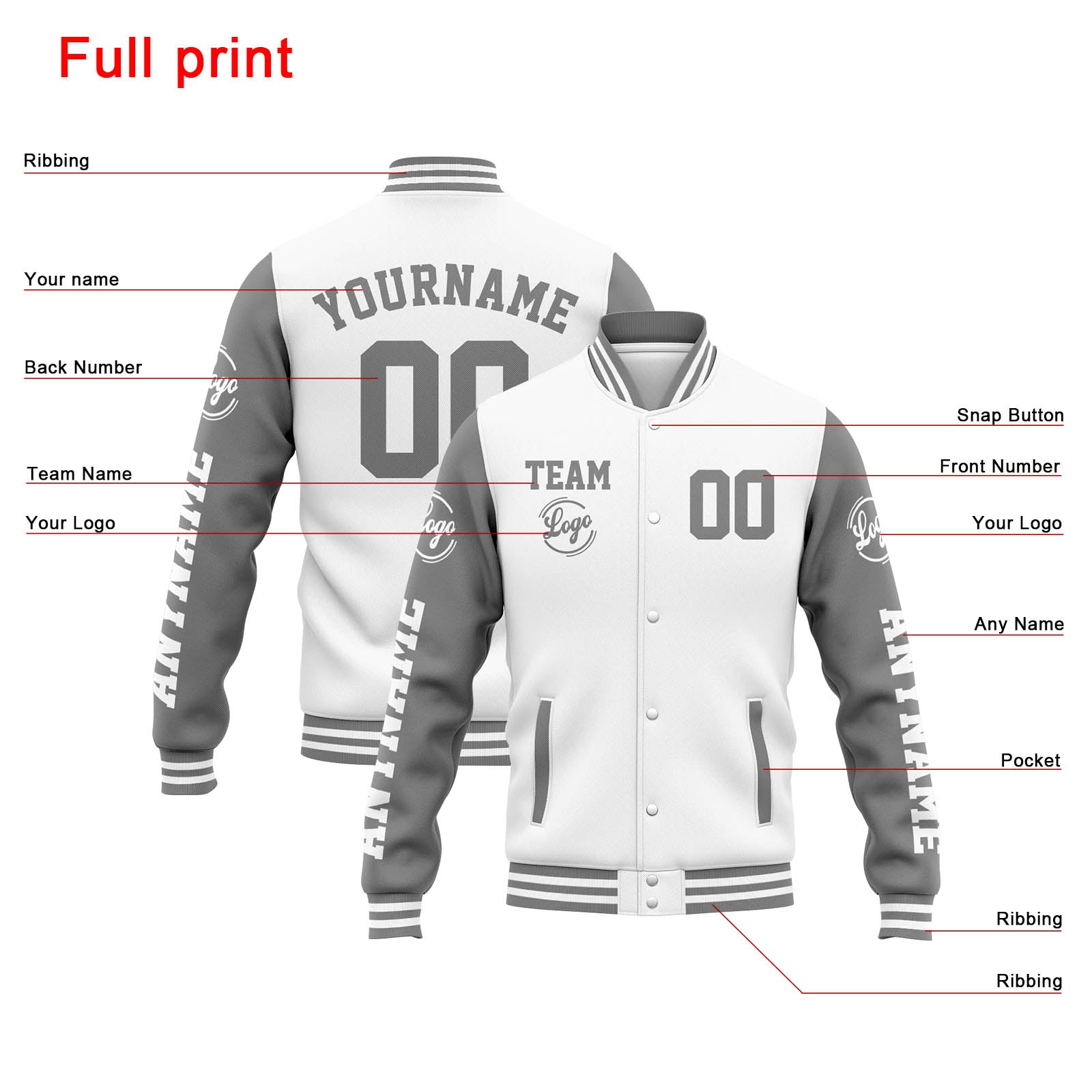 Custom Varsity Jacket Letterman Jacket For Men, Women And Youth White Grey