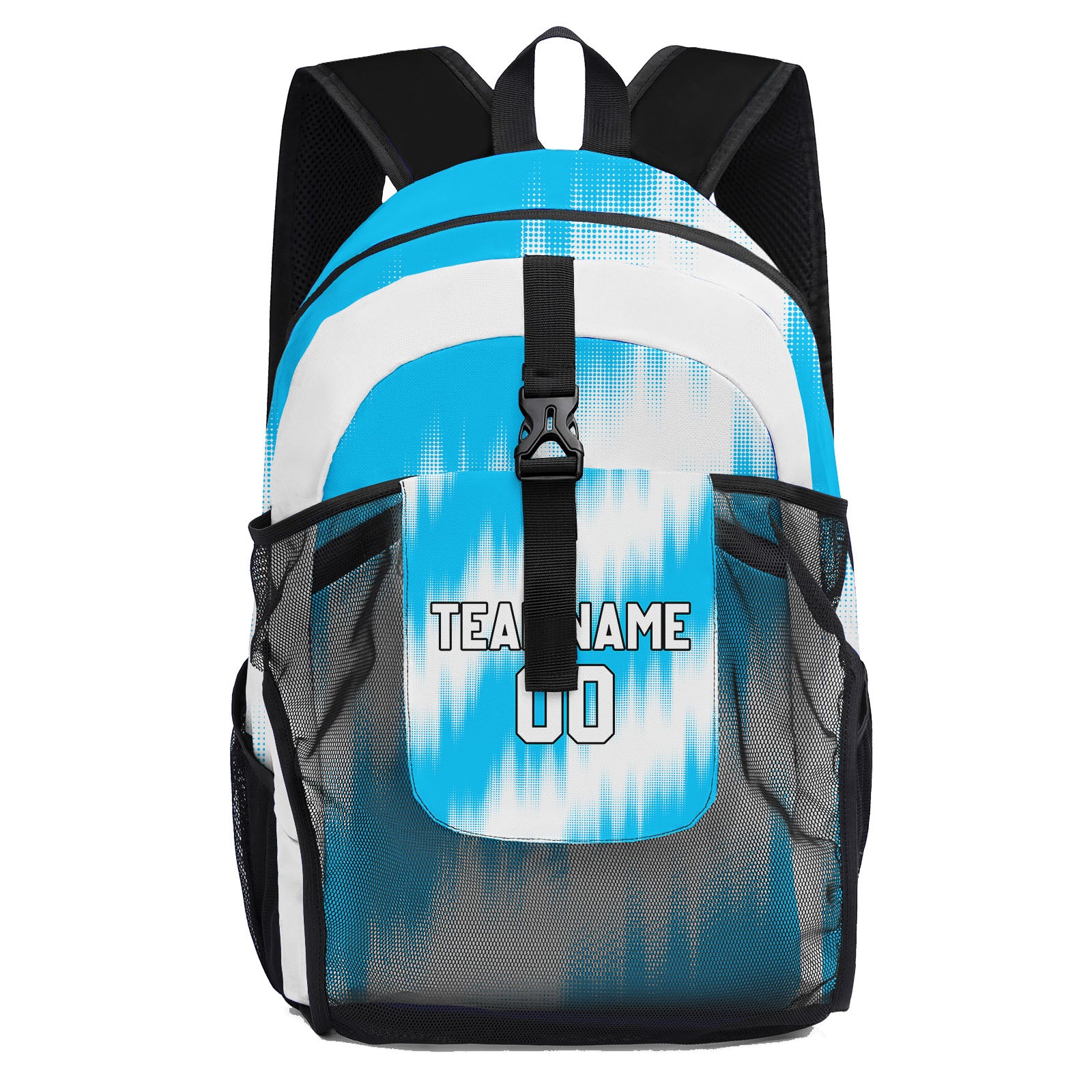 Customize Light Blue White Backpacks Featuring Personalized Names, Numbers and Logos