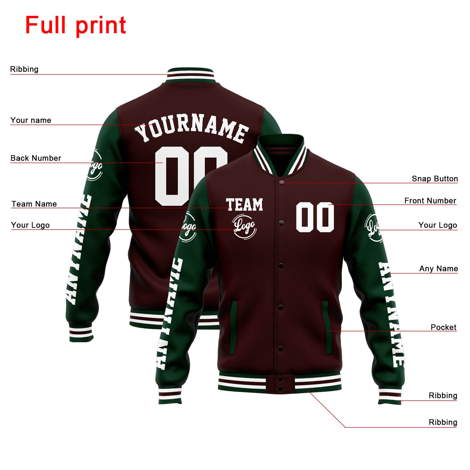 Custom Varsity Jacket Letterman Jacket For Men, Women And Youth Brown Green