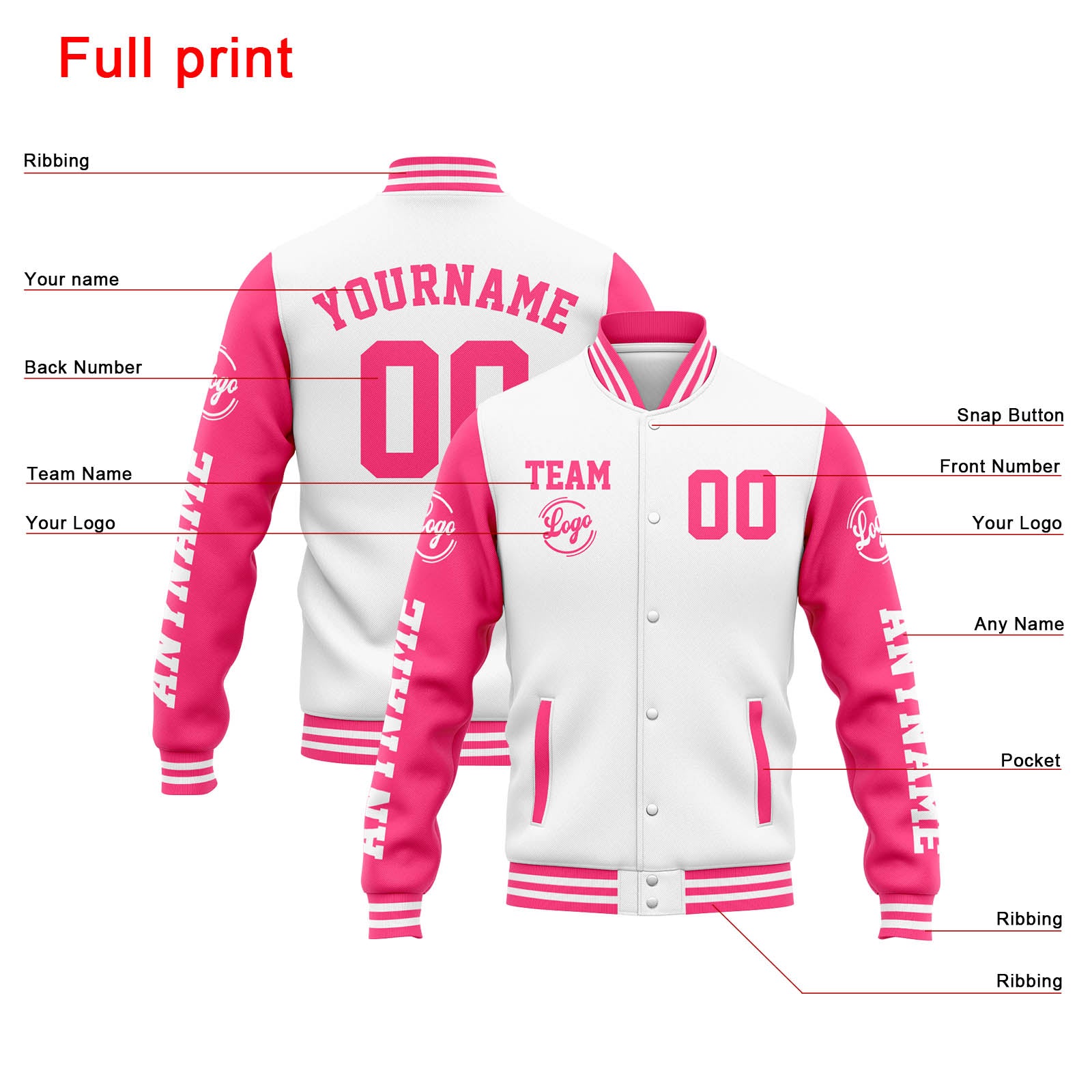 Custom Varsity Jacket Letterman Jacket For Men, Women And Youth White Pink