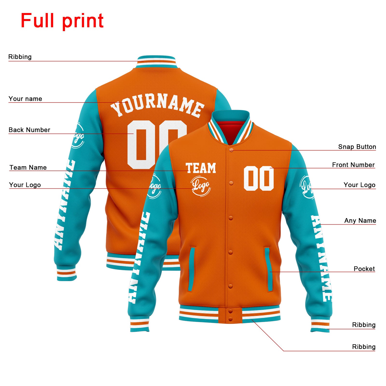 Custom Varsity Jacket Letterman Jacket For Men, Women And Youth Orange Teal