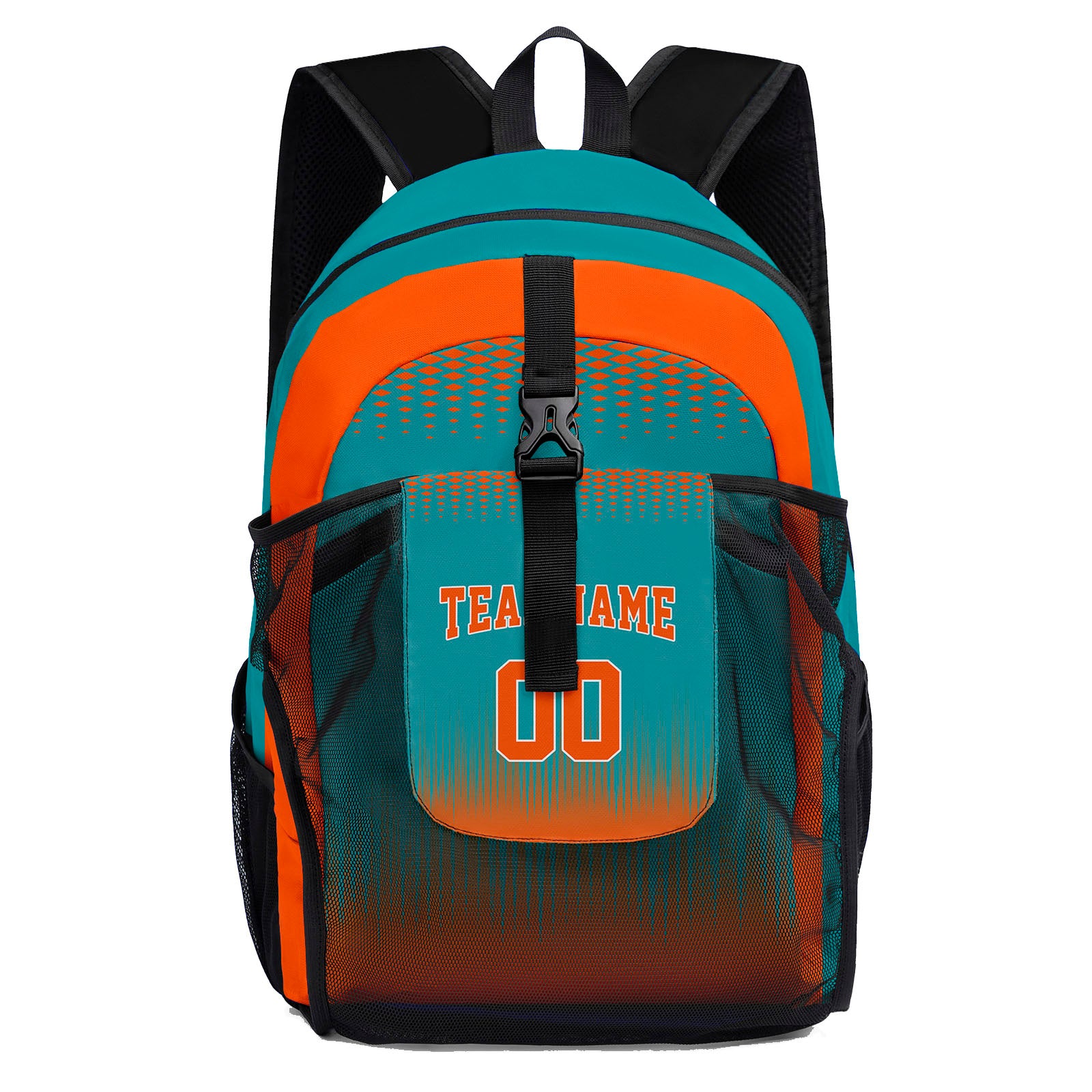 Customize Teal Orange Sports Backpacks Featuring Personalized Names, Numbers and Logos