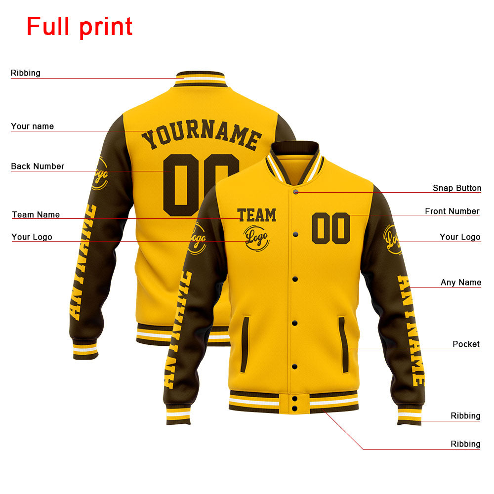 Custom Varsity Jacket Letterman Jacket For Men, Women And Youth Brown Yellow