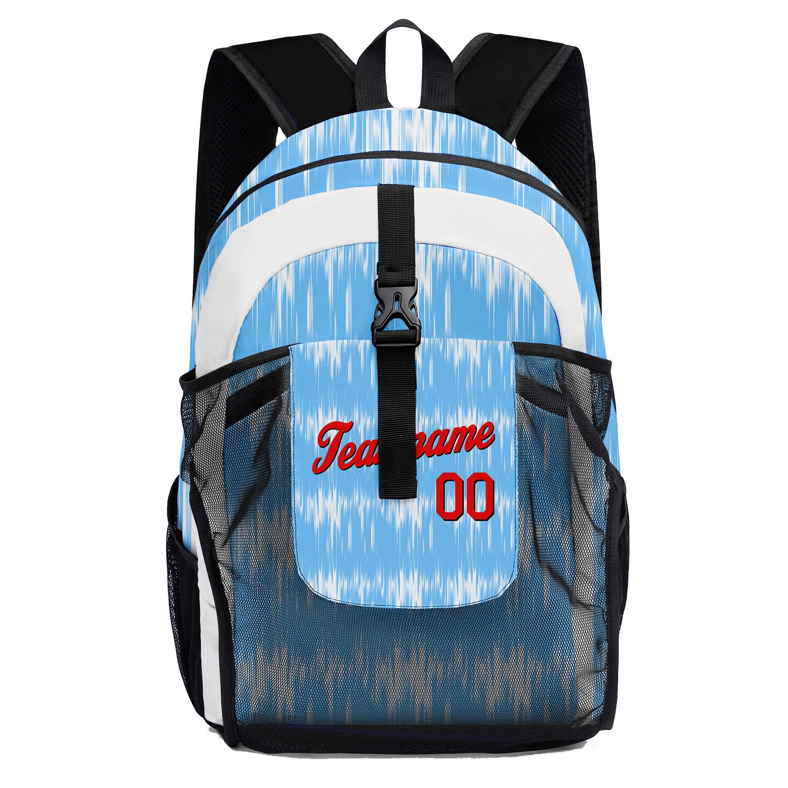 Customize Blue Red Sports Backpacks Featuring Personalized Names, Numbers and Logos