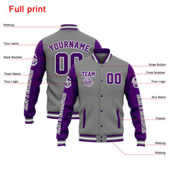 Custom Varsity Jacket Letterman Jacket For Men, Women And Youth Grey Purple