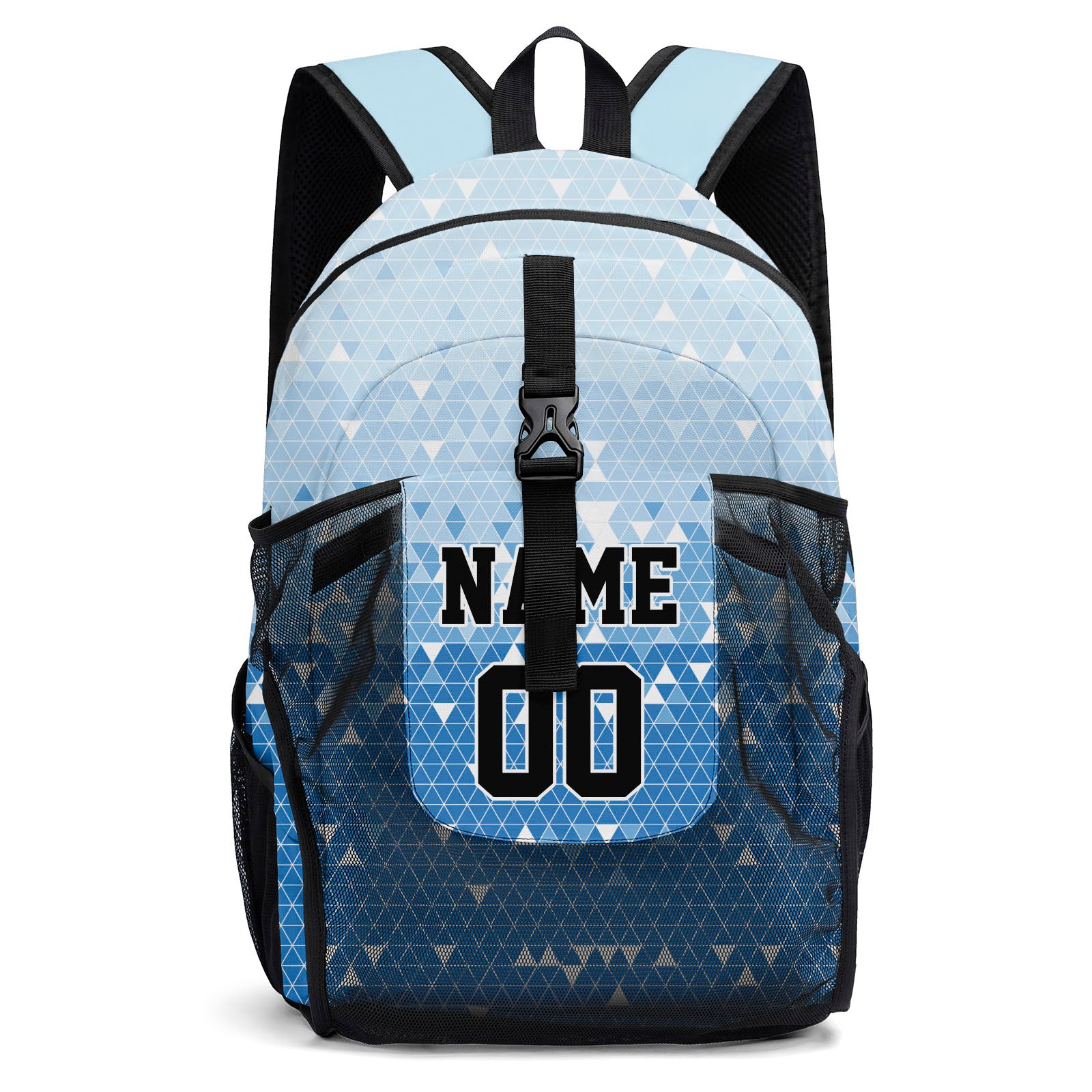 Customize Light Blue Black Sports Backpacks Featuring Personalized Names, Numbers and Logos