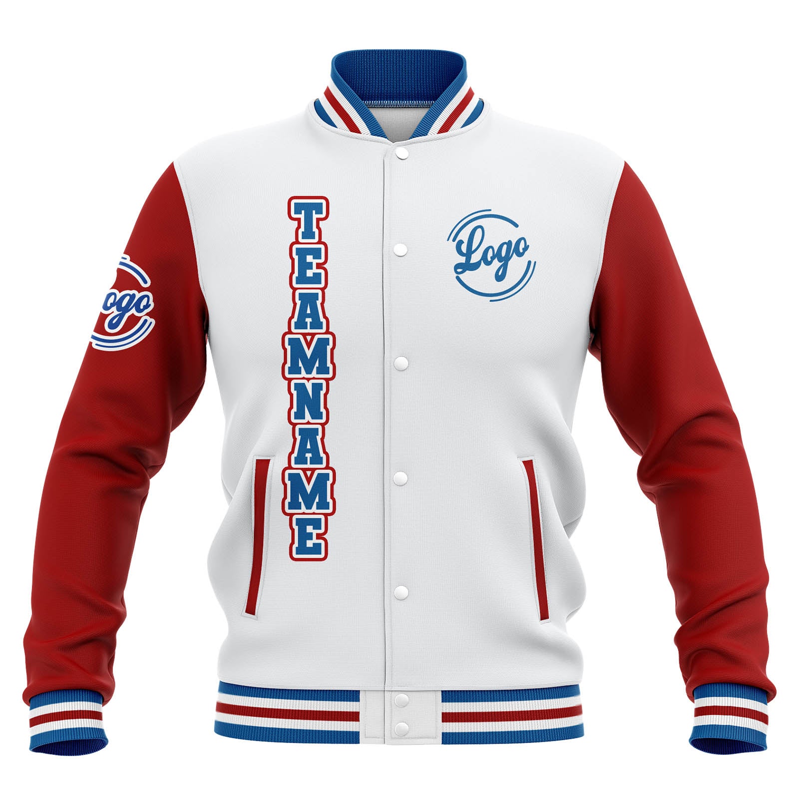 Custom White Red Blue Waterproof Varsity Jackets Personalized Stitched Name Number Logo to Letterman Jackets