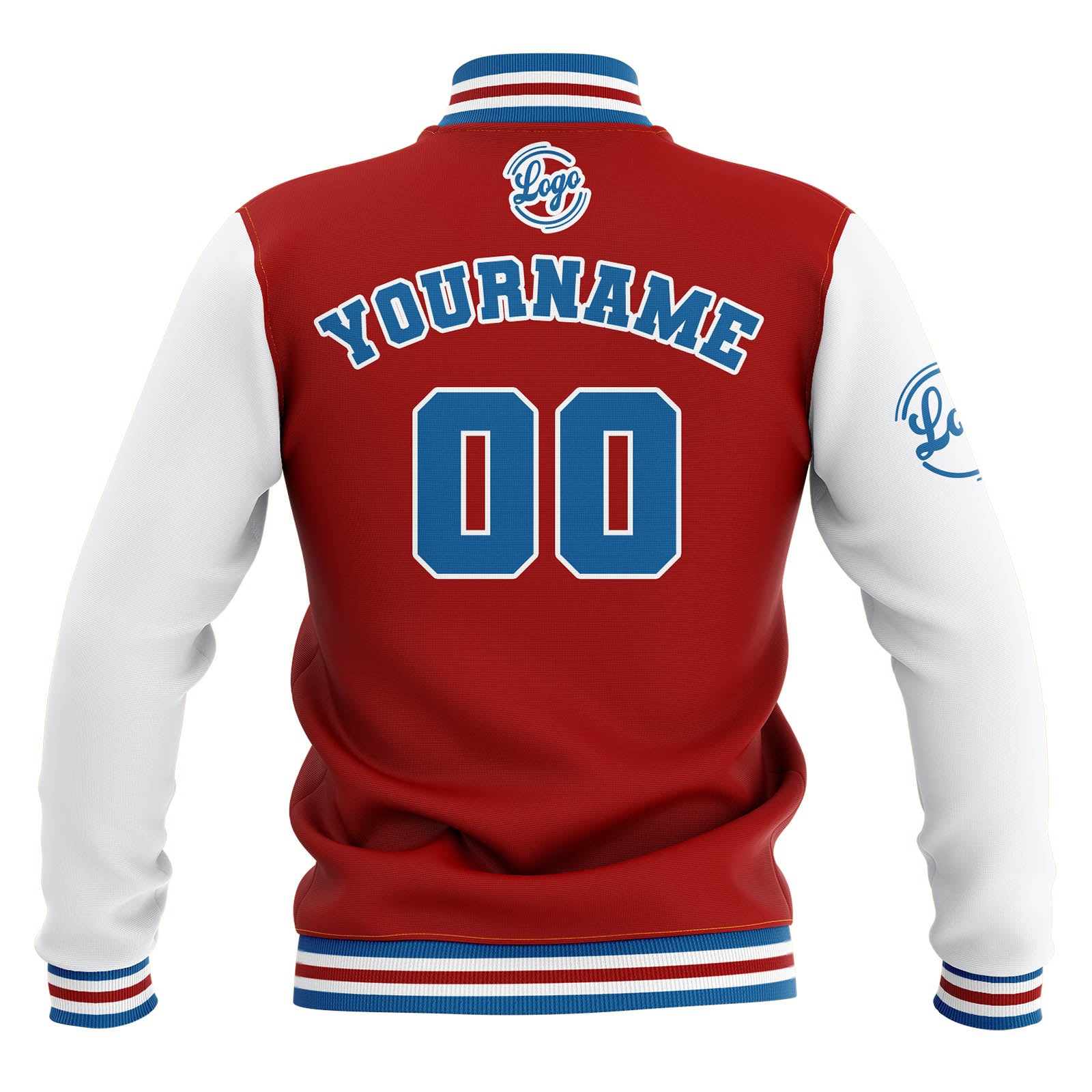 Custom Red White Blue Waterproof Varsity Jackets Personalized Stitched Name Number Logo to Letterman Jackets