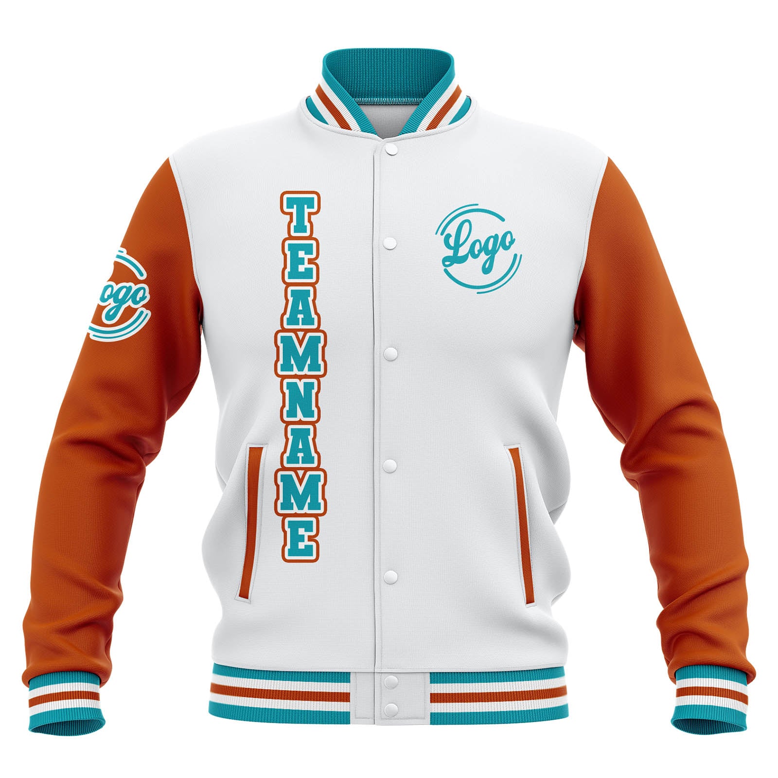 Custom Whtie Orange Teal Waterproof Varsity Jackets Personalized Stitched Name Number Logo to Letterman Jackets