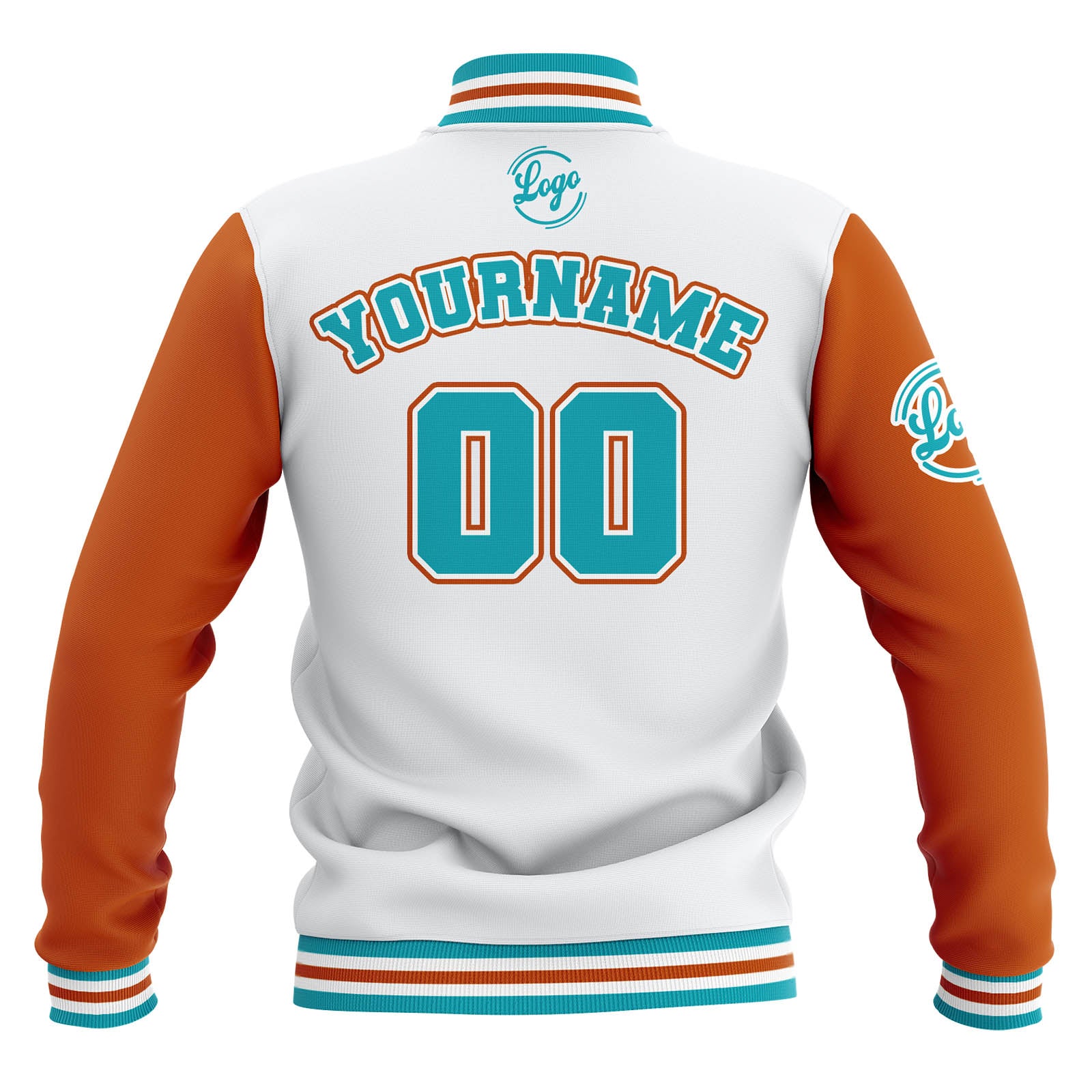 Custom Whtie Orange Teal Waterproof Varsity Jackets Personalized Stitched Name Number Logo to Letterman Jackets