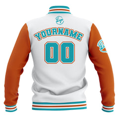 Custom Whtie Orange Teal Waterproof Varsity Jackets Personalized Stitched Name Number Logo to Letterman Jackets