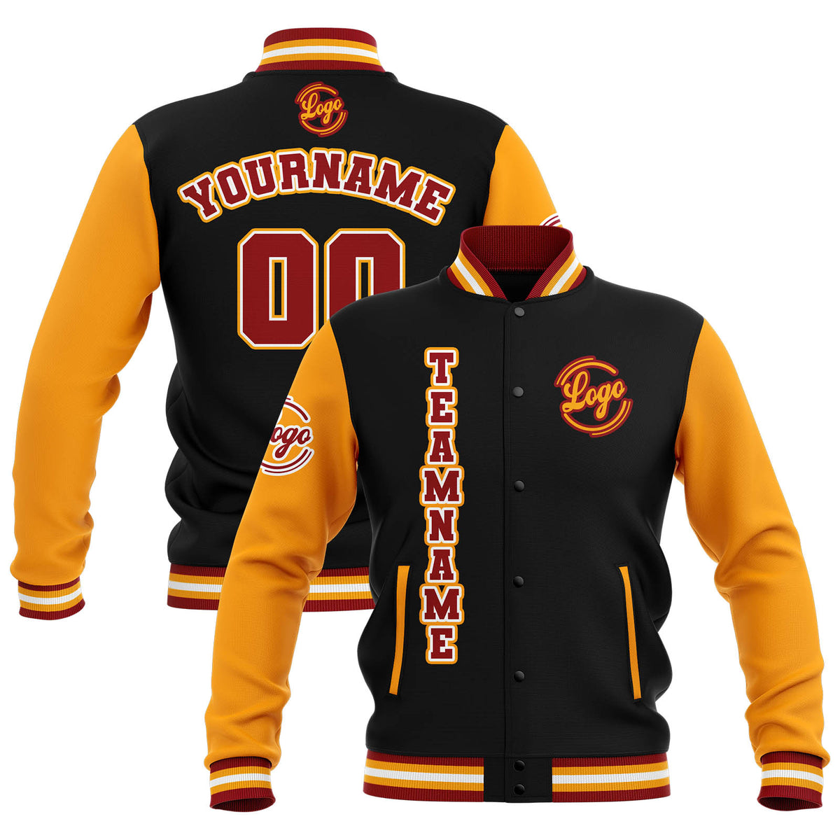 Custom Black Yellow Red Waterproof Varsity Jackets Personalized Stitched Name Number Logo to Letterman Jackets