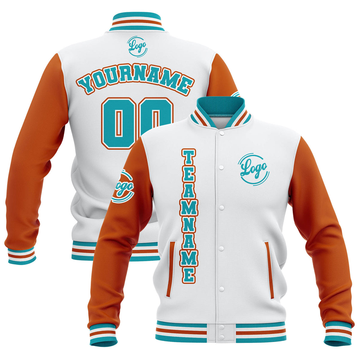 Custom Whtie Orange Teal Waterproof Varsity Jackets Personalized Stitched Name Number Logo to Letterman Jackets