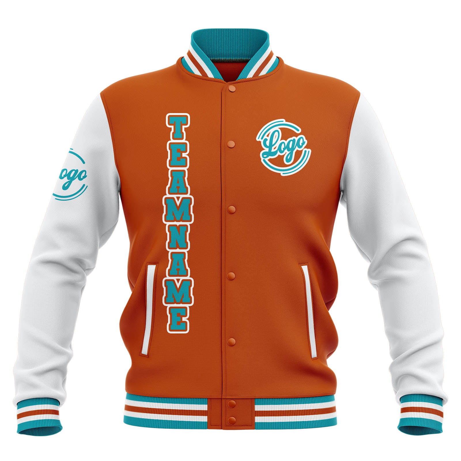 Custom Orange White Teal Waterproof Varsity Jackets Personalized Stitched Name Number Logo to Letterman Jackets