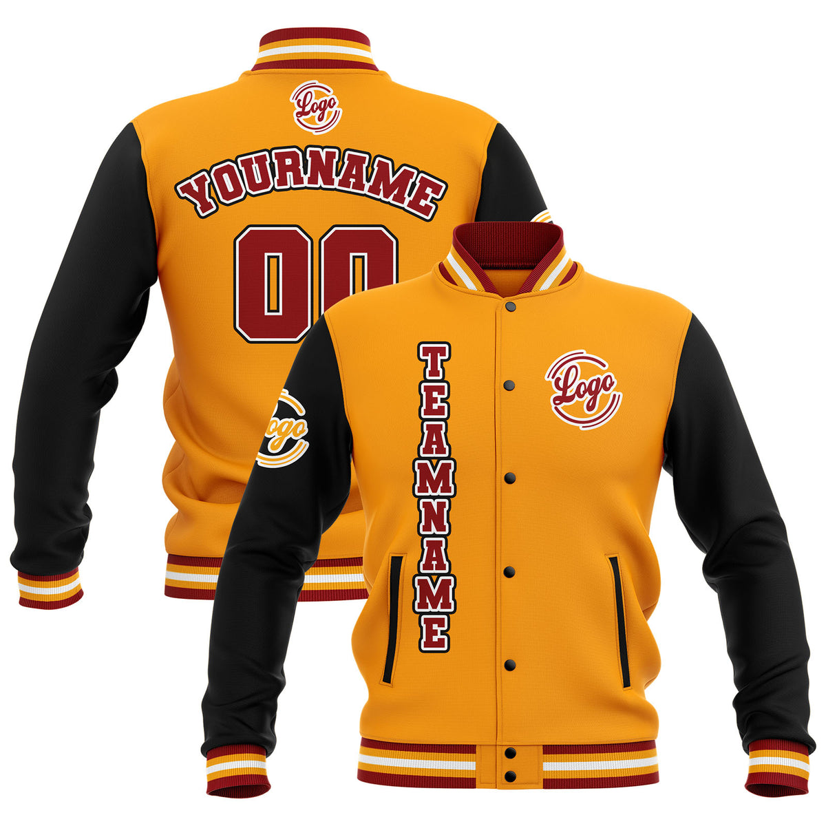 Custom Black Yellow Red Waterproof Varsity Jackets Personalized Stitched Name Number Logo to Letterman Jackets