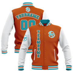 Custom Orange White Teal Waterproof Varsity Jackets Personalized Stitched Name Number Logo to Letterman Jackets