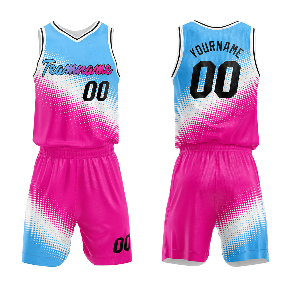 Custom Light Blue-White-Hot Pink Basketball Jersey for man women uniform Suit Kids Adults Personalized Jersey