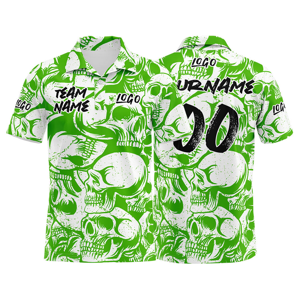 Custom Retro Skull-Green&White Football Polo Shirts Add Your Unique Logo/Name/Number