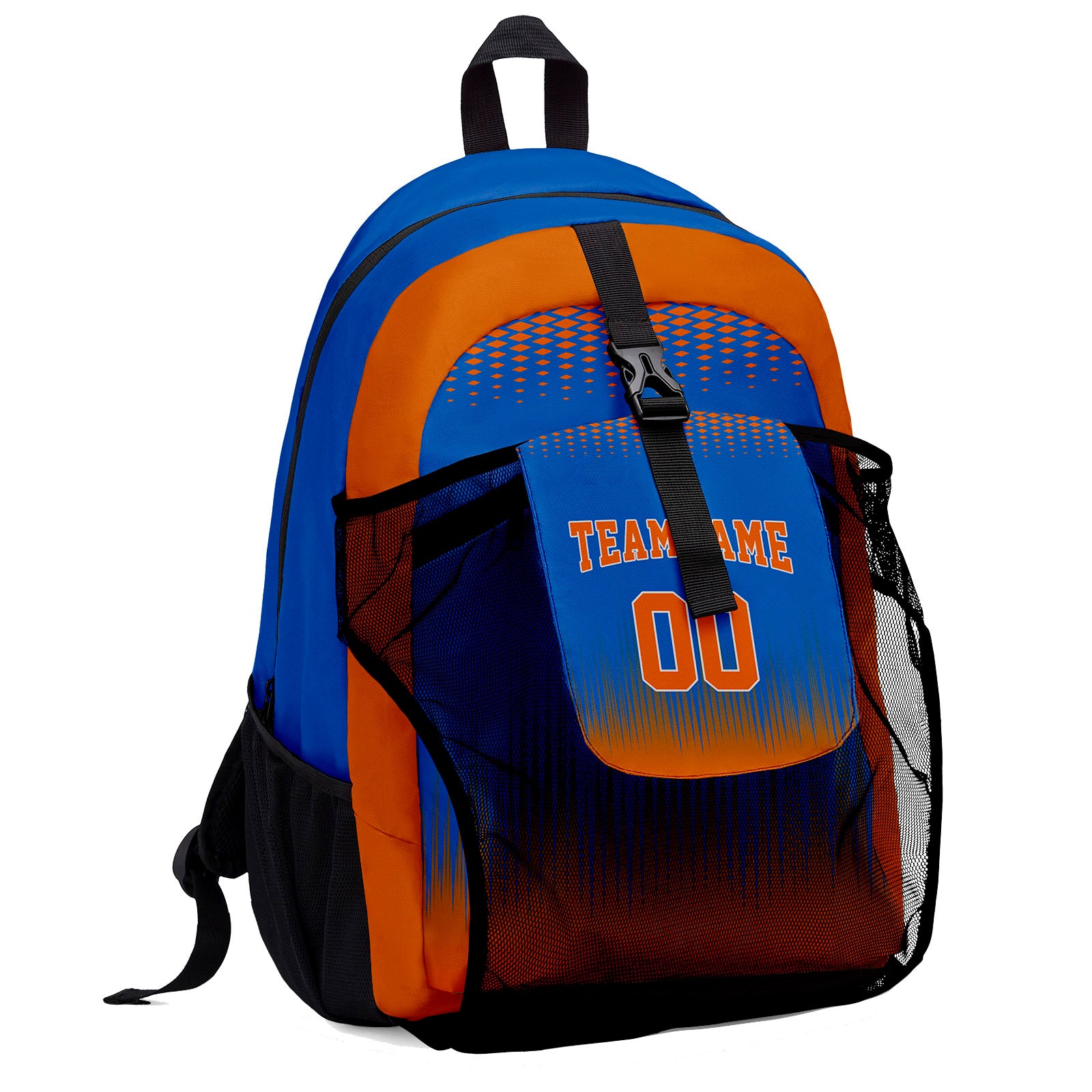 Customize Blue Orange Sports Backpacks Featuring Personalized Names, Numbers and Logos