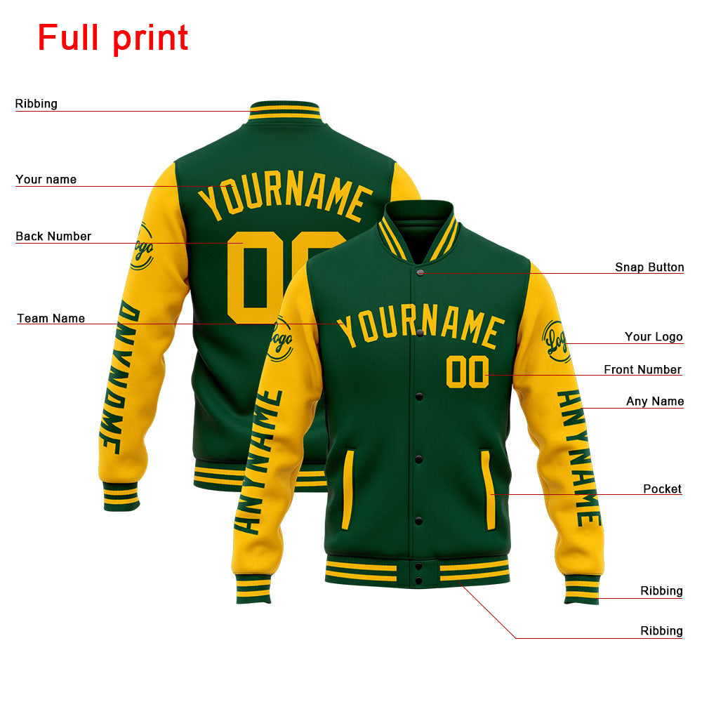 Custom Varsity Jacket Letterman Jacket For Men, Women And Youth Green Yellow