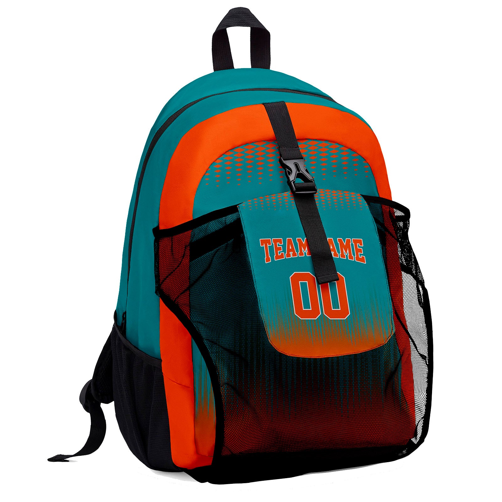 Customize Teal Orange Sports Backpacks Featuring Personalized Names, Numbers and Logos