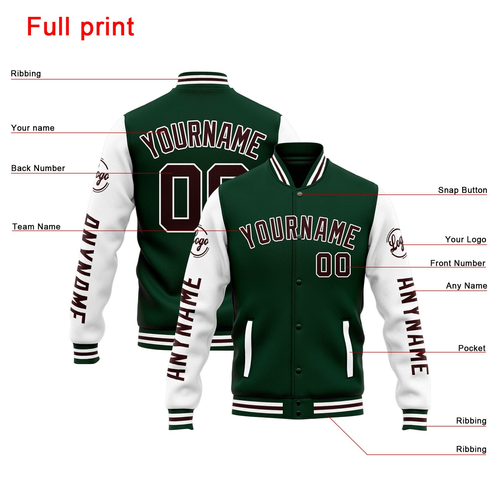 Custom Varsity Jacket Letterman Jacket For Men, Women And Youth Green White