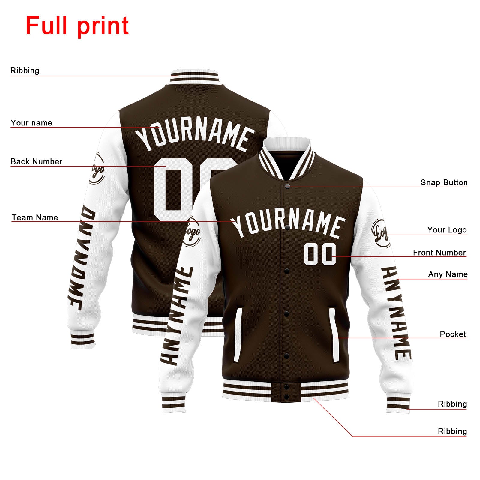 Custom Varsity Jacket Letterman Jacket For Men, Women And Youth Brown White