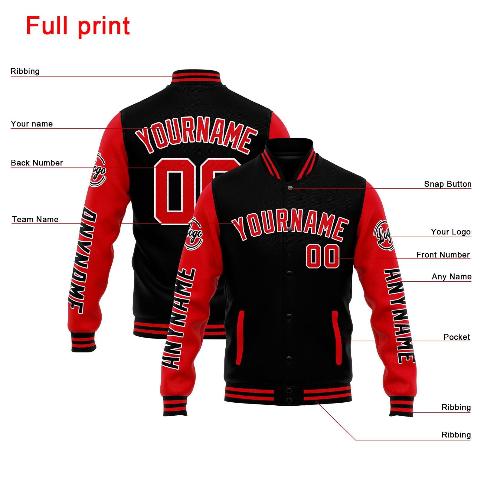 Custom Varsity Jacket Letterman Jacket For Men, Women And Youth Black Red